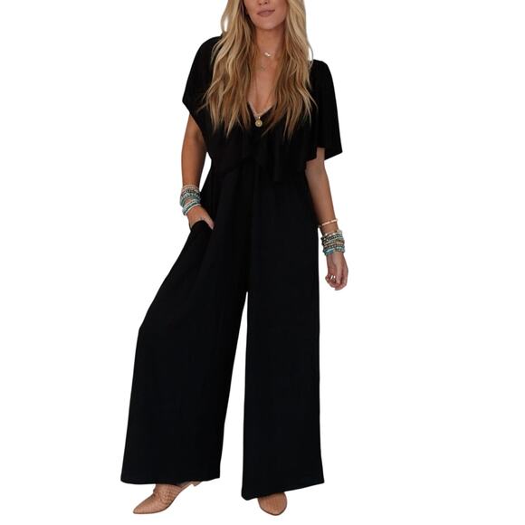 NEW THREE BIRD NEST On Repeat Open Back Wide Leg Black Knit Jumpsuit Women’s M - Picture 1 of 13